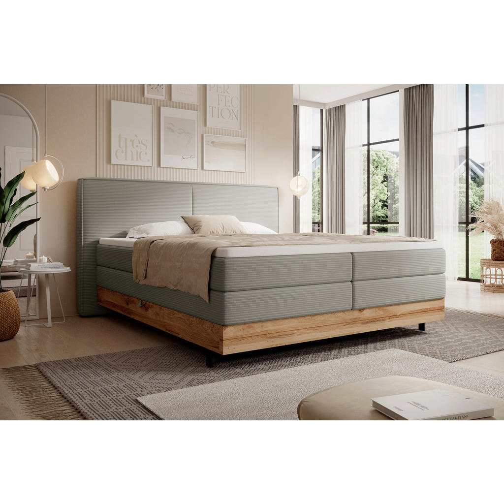 Thumbnail - Valnatura Boxspringbett, Graubraun, Textil, Eiche, massiv, H2 + H3, 7-Zonen, Höhe ca. 17,5 cm, 160x200 cm, Fsc, Made in ...
