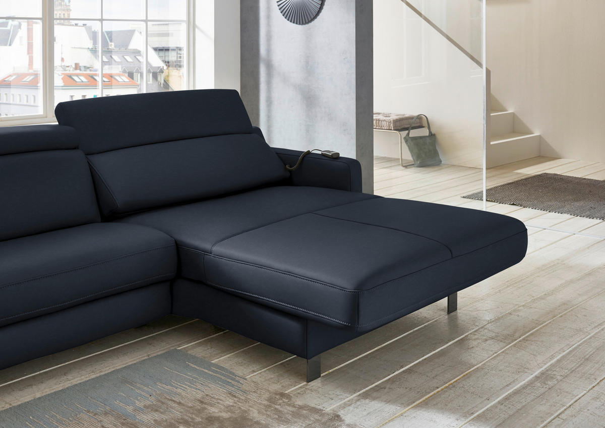 ECKSOFA in Echtleder Dunkelblau  - Schwarz/Dunkelblau, Design, Leder/Metall (291/176cm) - Valdera