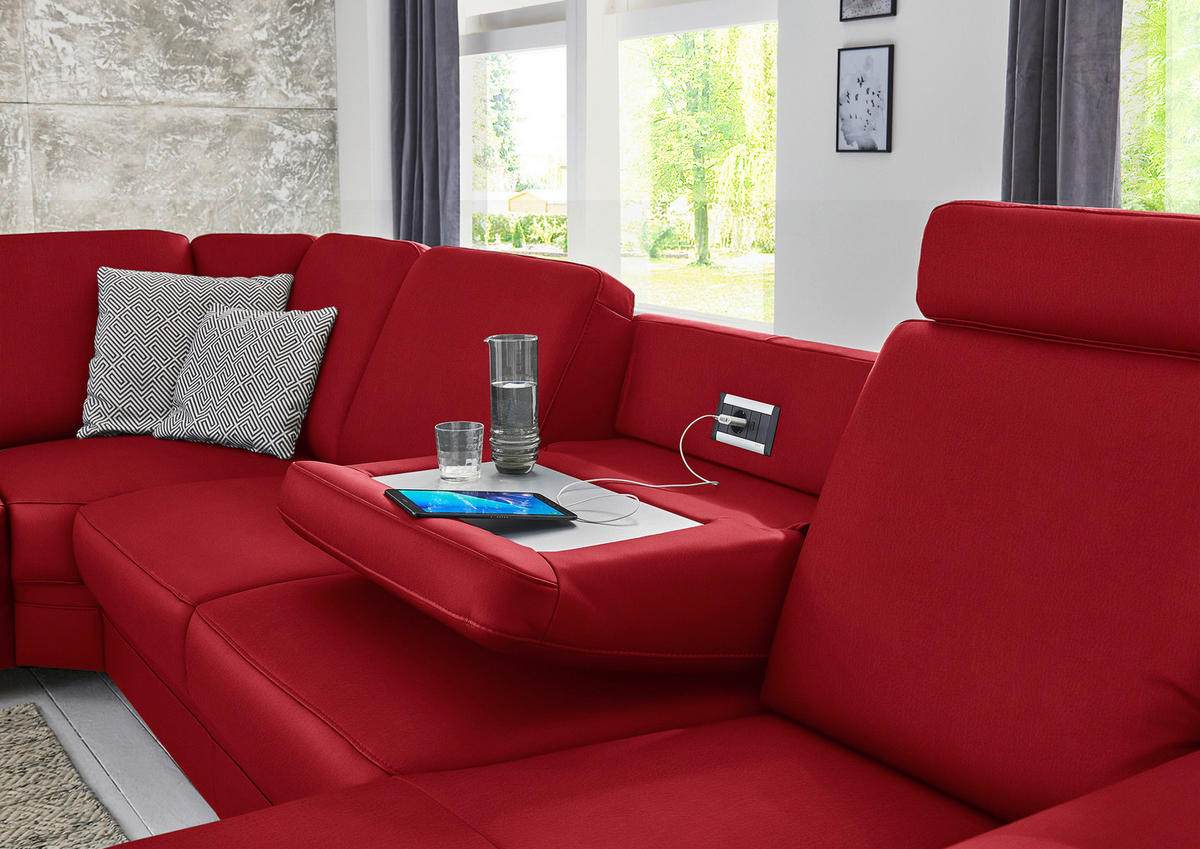 WOHNLANDSCHAFT Echtleder Rot  - Rot/Alufarben, Konventionell, Leder/Metall (239/329/165cm) - Beldomo Premium