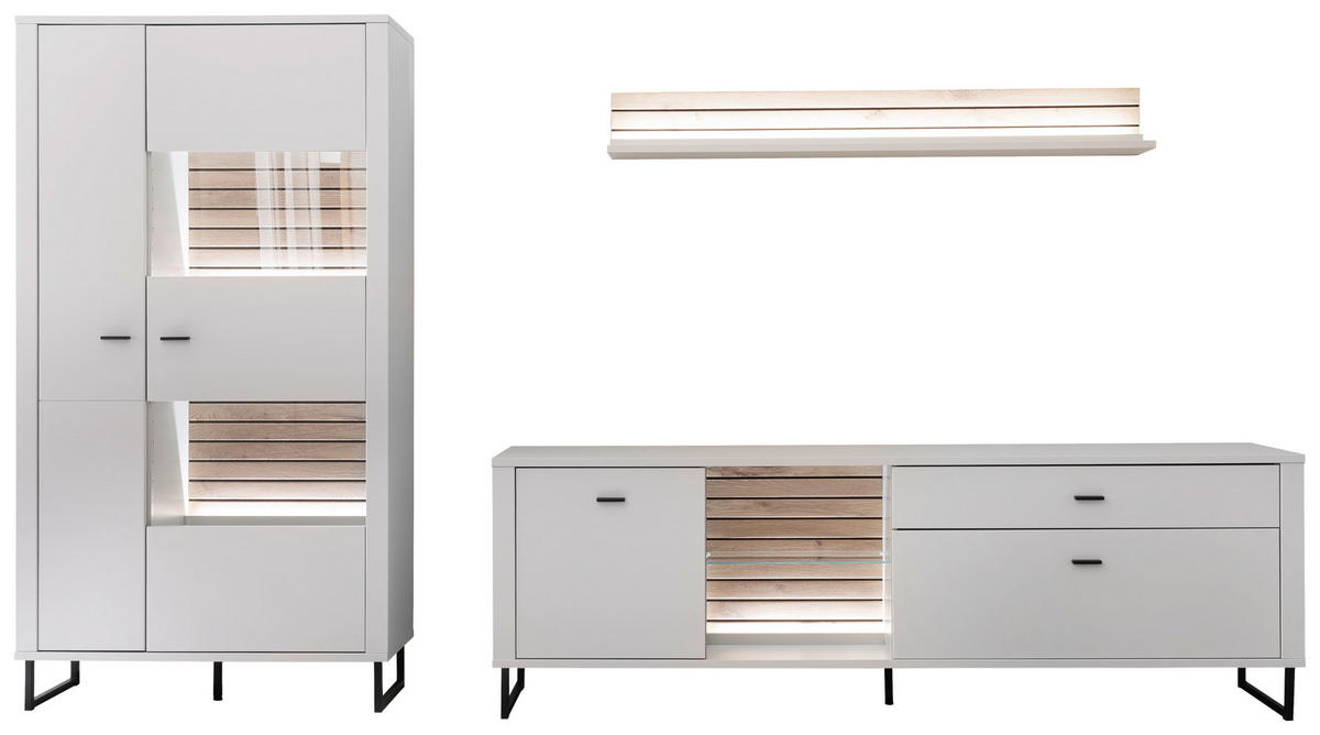WOHNWAND  in Weiss, Eichefarben 326/185/44 cm  - Weiss/Eichefarben, Design, Glas/Holzwerkstoff (326/185/44cm) - Stylife