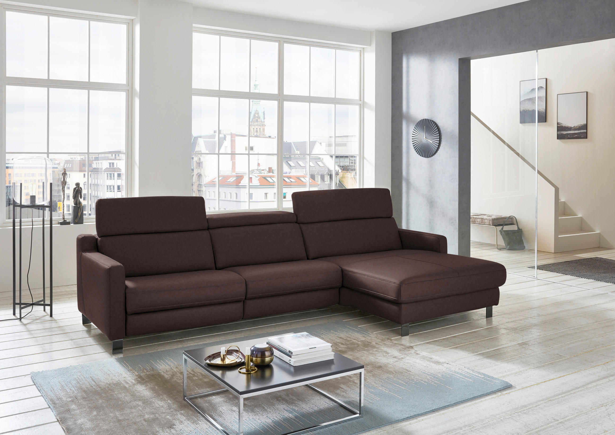ECKSOFA in Echtleder Dunkelbraun  - Dunkelbraun/Schwarz, Design, Leder/Metall (291/176cm) - Valdera
