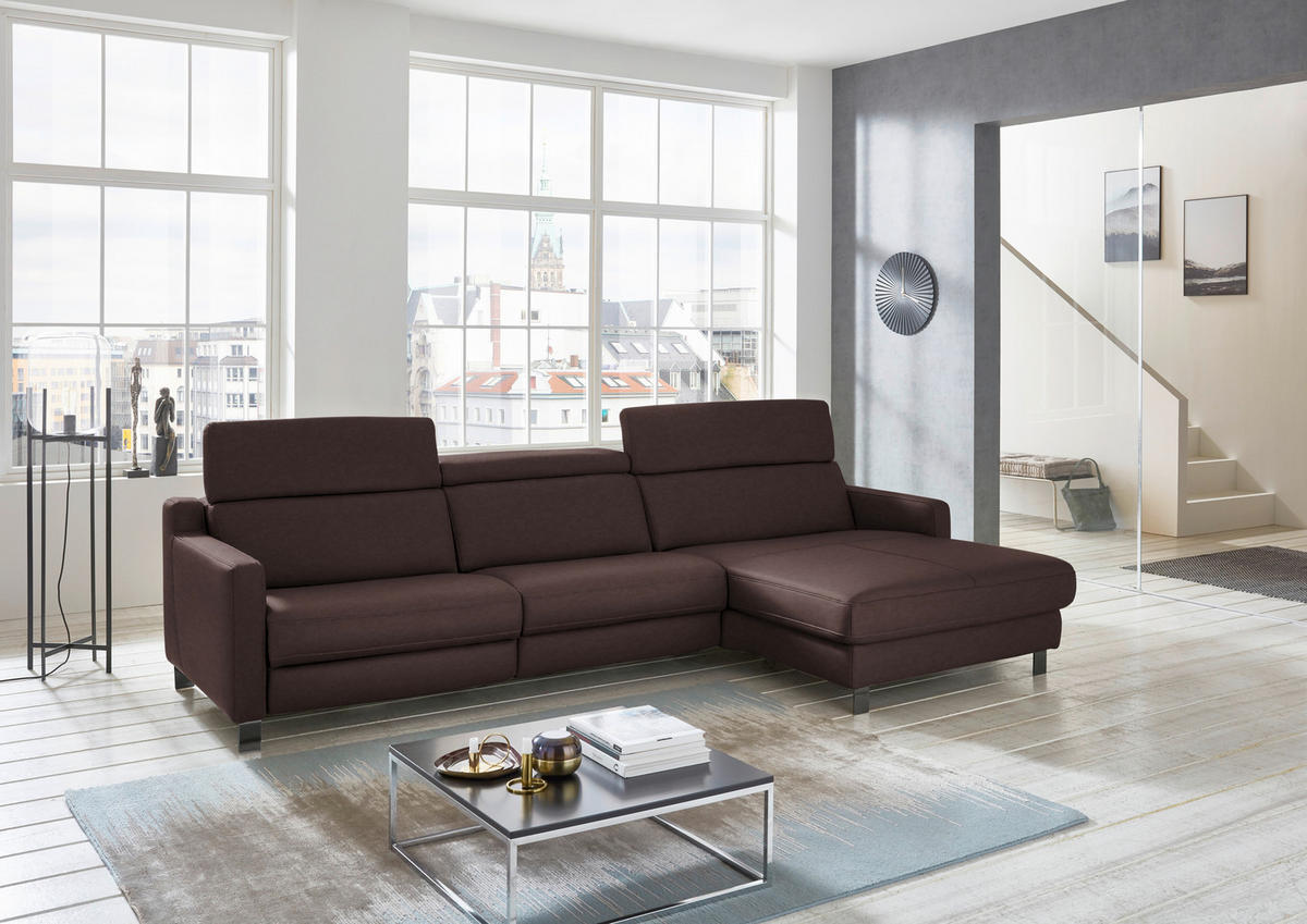 ECKSOFA in Echtleder Dunkelbraun  - Dunkelbraun/Schwarz, Design, Leder/Metall (291/176cm) - Valdera