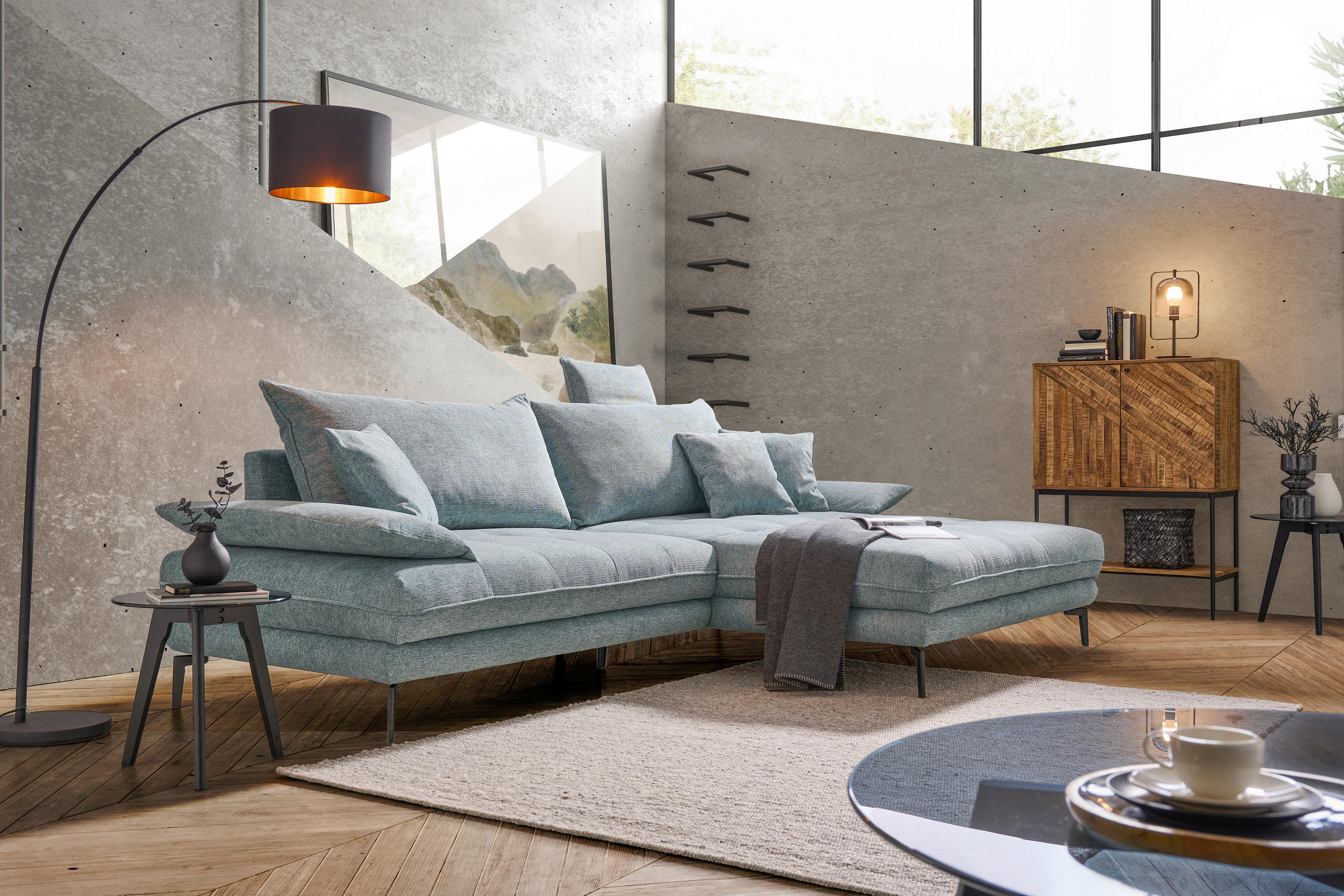 ECKSOFA in Webstoff Blau  292/173 cm  - Blau/Schwarz, MODERN, Textil/Metall (292/173cm) - Carryhome