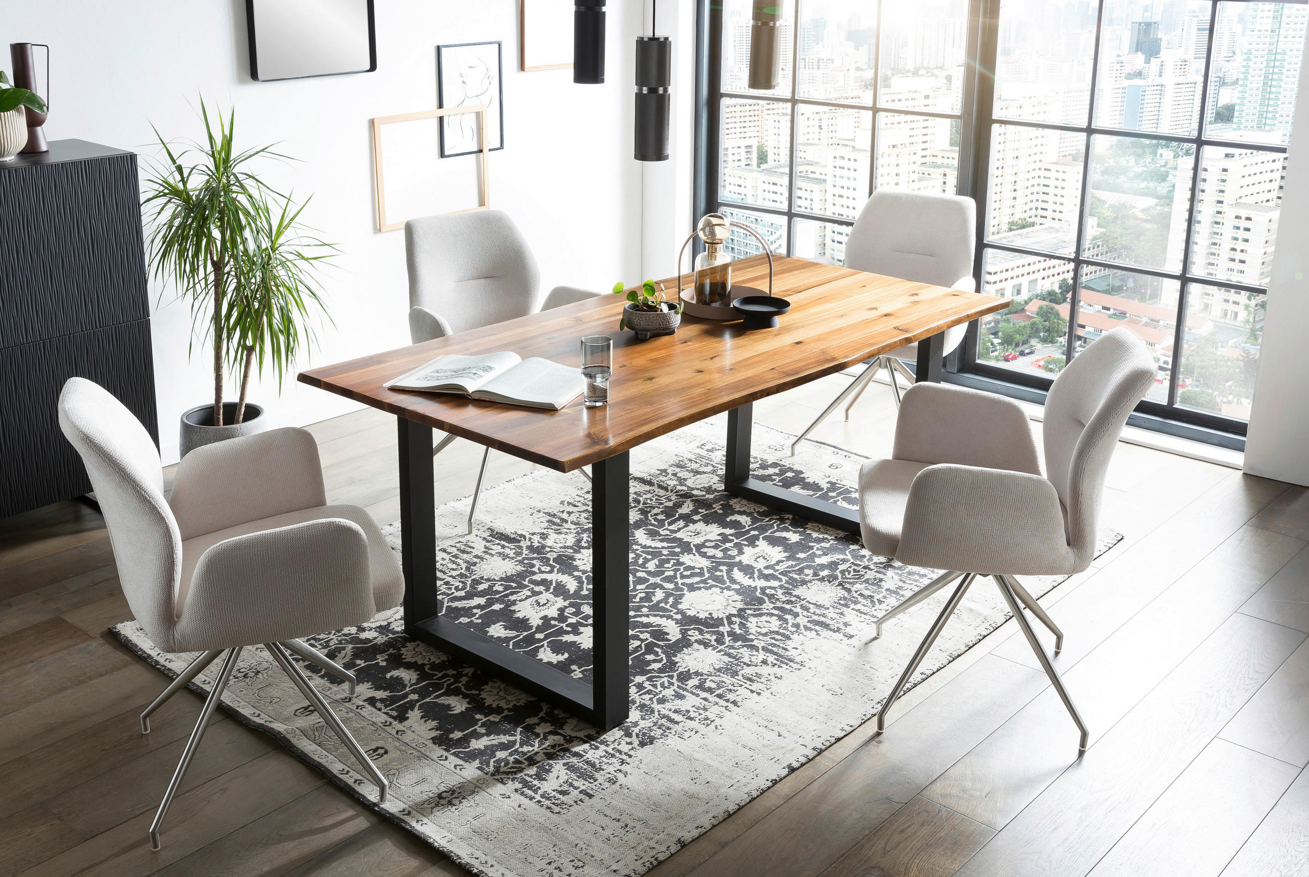 TISCHGRUPPE in Holz, Metall, Textil Hellgrau, Cognac  - Cognac/Silberfarben, MODERN, Holz/Textil (180/90/77cm) - Livetastic