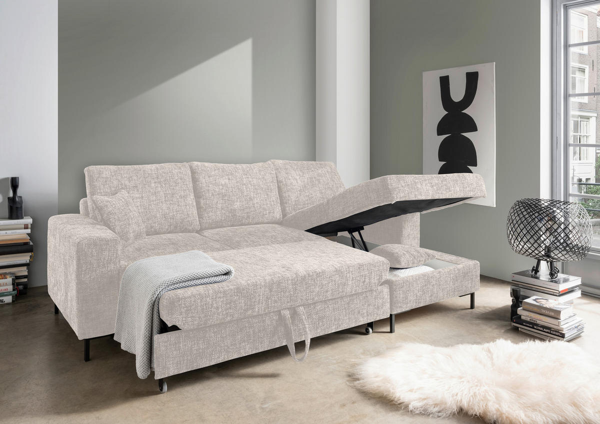 ECKSCHLAFSOFA  mit Rücken echt Struktur Creme  - Creme/Schwarz, KONVENTIONELL, Textil/Metall (237/143cm) - Livetastic