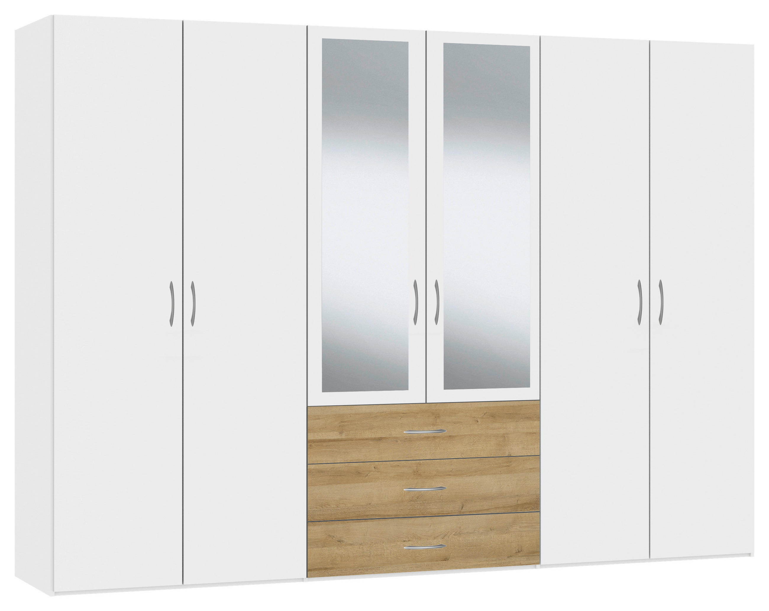 KLEIDERSCHRANK 303/215/59 cm 6-türig Weiß, Eichefarben  - Eichefarben/Silberfarben, Design, Glas/Holzwerkstoff (303/215/59cm) - Boxxx