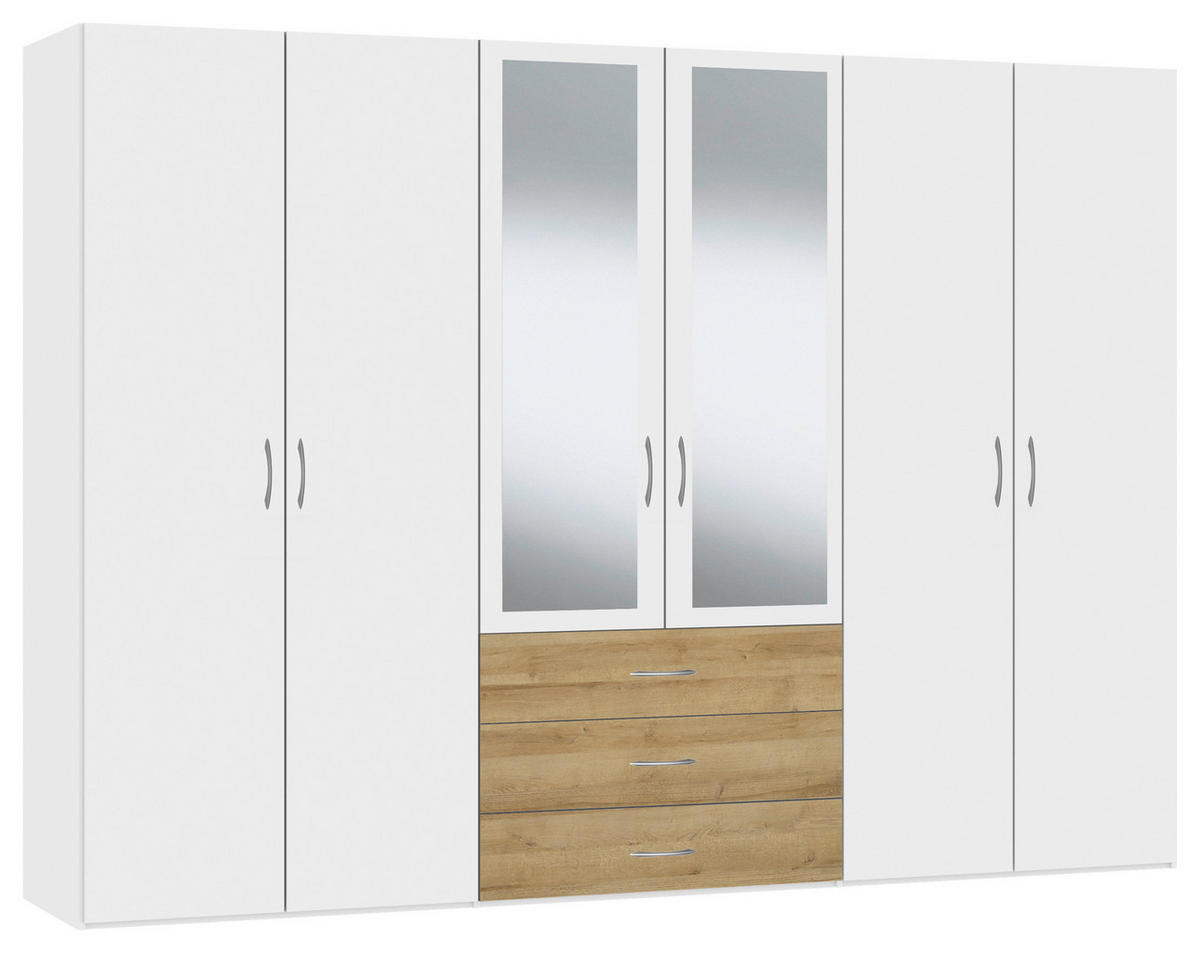 KLEIDERSCHRANK 303/215/59 cm 6-türig Weiß, Eichefarben  - Eichefarben/Silberfarben, Design, Glas/Holzwerkstoff (303/215/59cm) - Boxxx