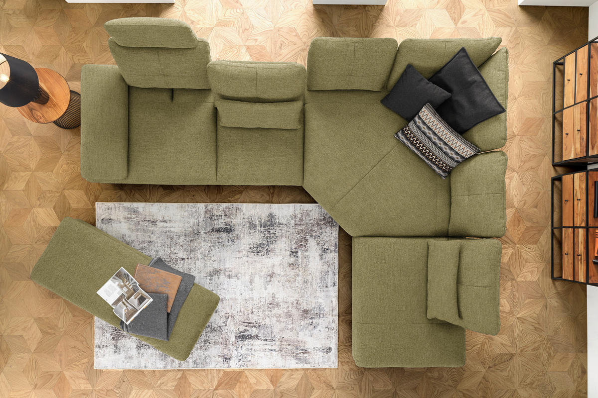 ECKSOFA in Flachgewebe Olivgrün  - Schwarz/Olivgrün, Design, Textil/Metall (344/271cm) - Chilliano