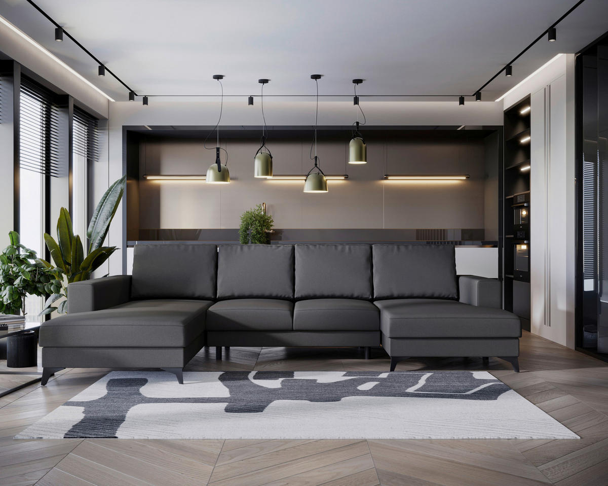 WOHNLANDSCHAFT Flachgewebe Grau  - Schwarz/Grau, Design, Textil/Metall (190/339/156cm) - Livetastic
