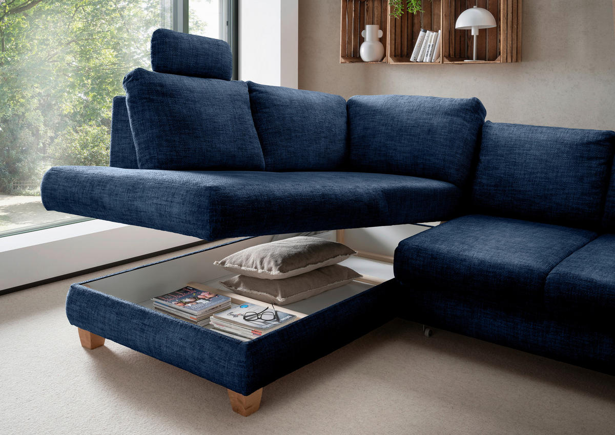 ECKSCHLAFSOFA Positano  mit Liegefunktion, Rücken echt, Armteil rechts Struktur Blau  - Wildeiche/Blau, MODERN, Holz/Textil (206/265cm) - Livetastic