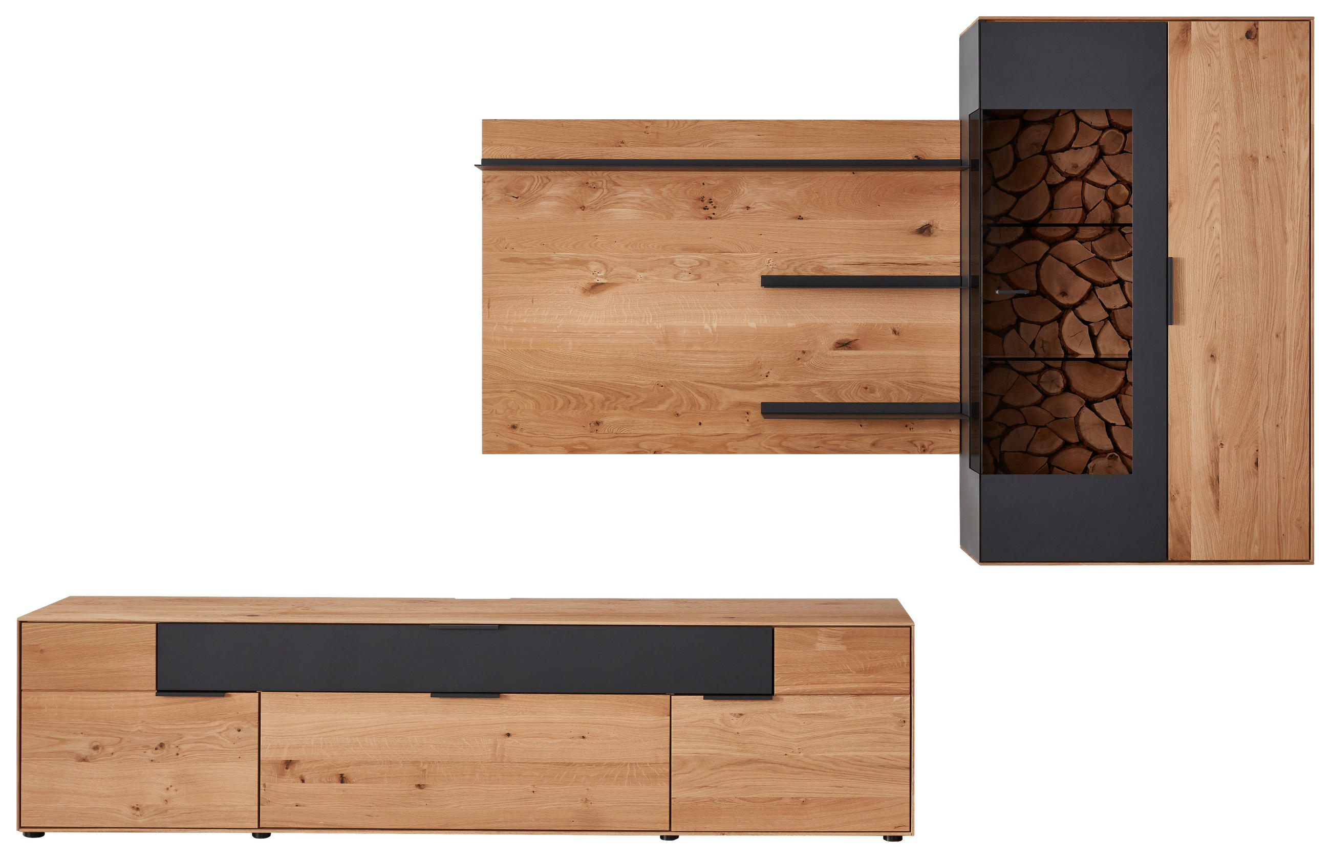 WOHNWAND  in Schwarz, Eichefarben  305,4/193,8/45,2 cm  - Eichefarben/Schwarz, Design, Glas/Holz (305,4/193,8/45,2cm) - Valdera