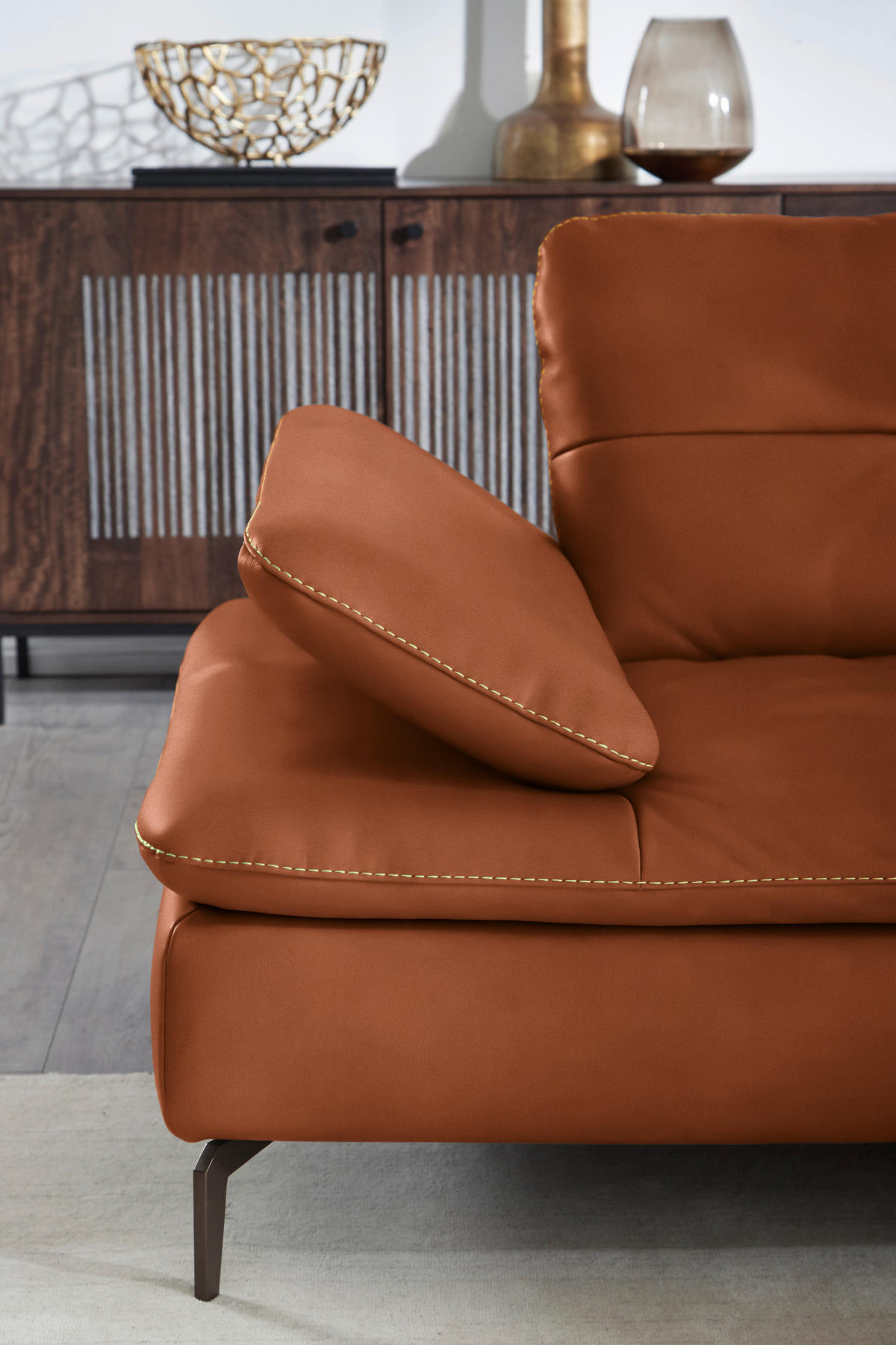 ECKSOFA in Echtleder Cognac  - Cognac/Beige, Design, Leder/Metall (298/298cm) - Chilliano
