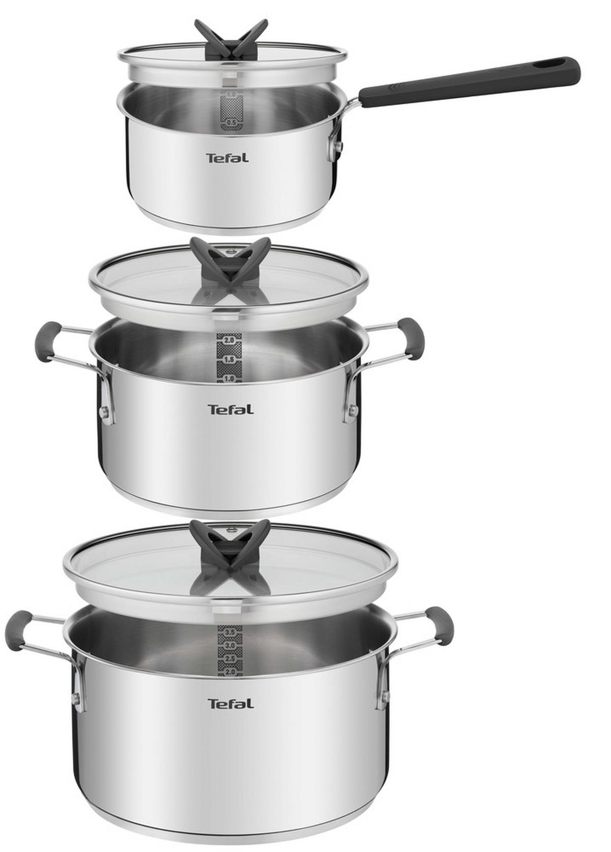 GRYT- OCH KASTRULLSET 3 delar  - klar/stålfärgad, Basics, metall/glas - Tefal