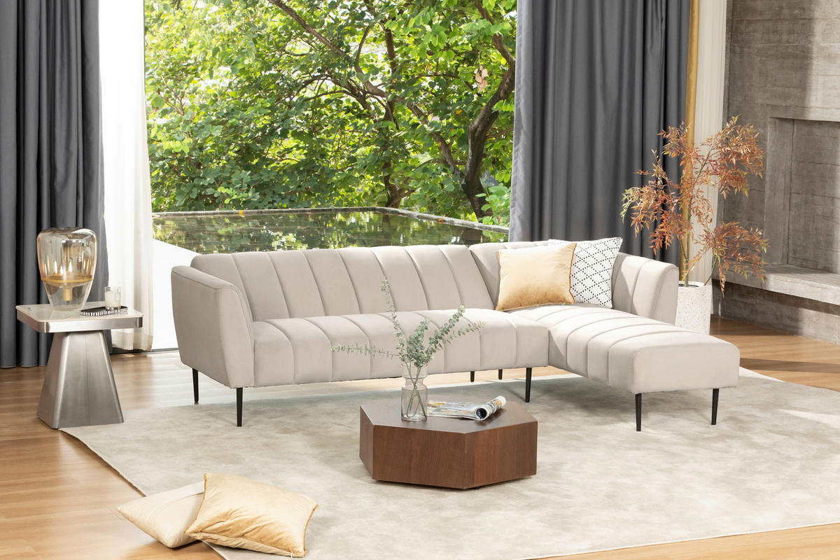 ECKSOFA Creme Samt  - Creme/Schwarz, MODERN, Textil/Metall (253/87/169cm) - P & B