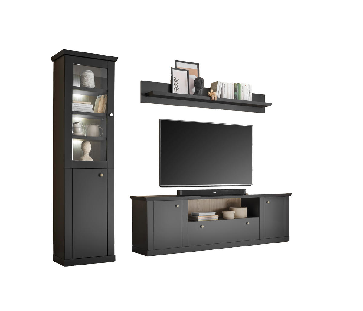 WOHNWAND 3-teilig  in Schwarz, Eichefarben  270/200/42 cm  - Eichefarben/Messingfarben, Design, Holzwerkstoff/Metall (270/200/42cm) - MID.YOU