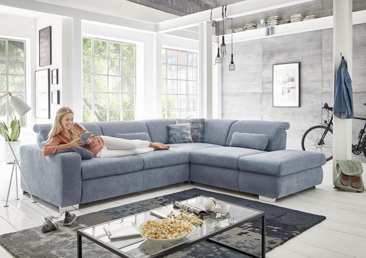 ECKSOFA in Flachgewebe Hellblau  - Chromfarben/Hellblau, Design, Textil/Metall (301/260cm) - Beldomo Style