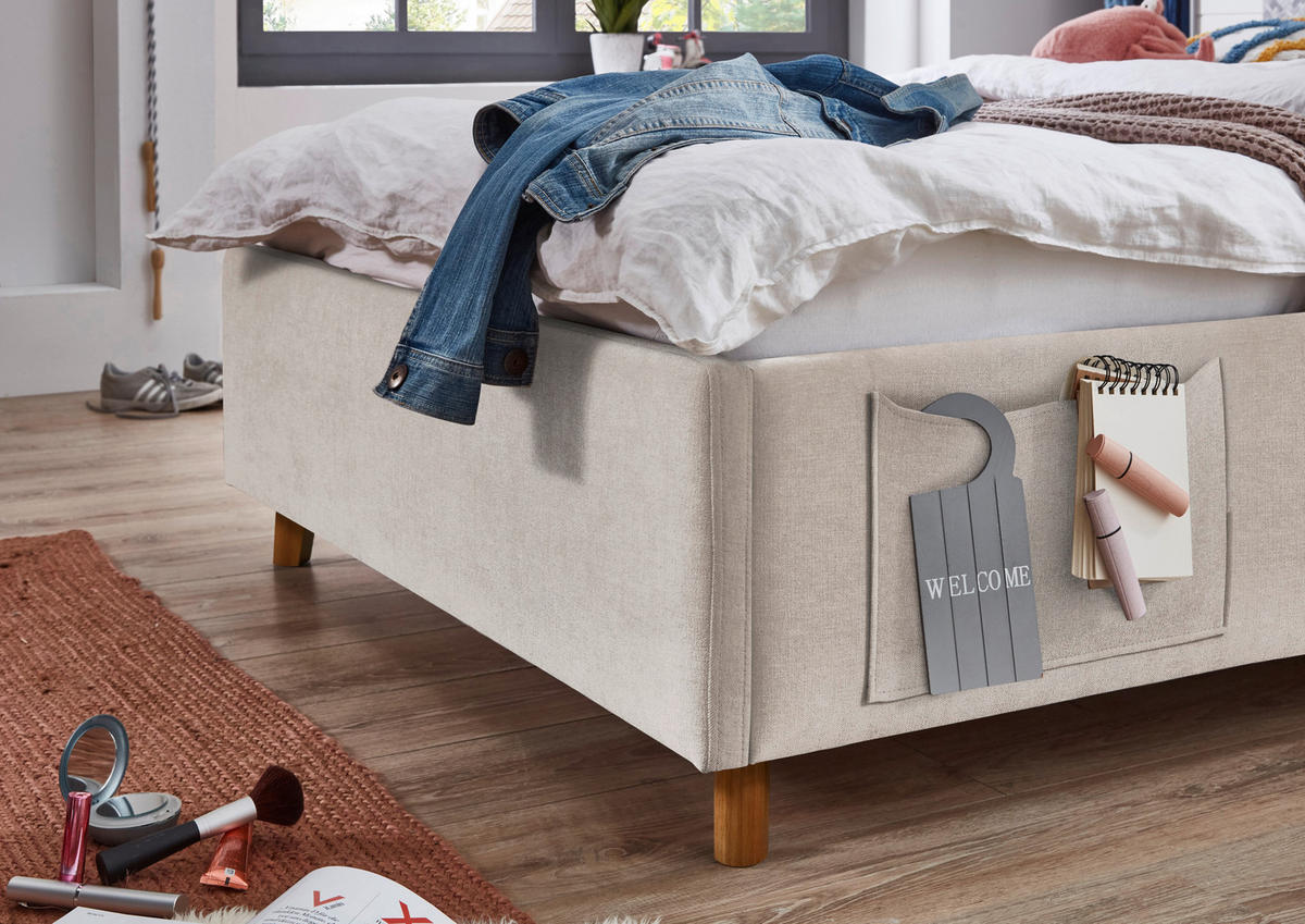 POLSTERBETT 120/200 cm,  in Eichefarben, Beige, Lattenrost, Bettkasten, Betttasche,  - Eichefarben/Birkefarben, KONVENTIONELL, Holz/Textil (120/200cm) - Boxxx