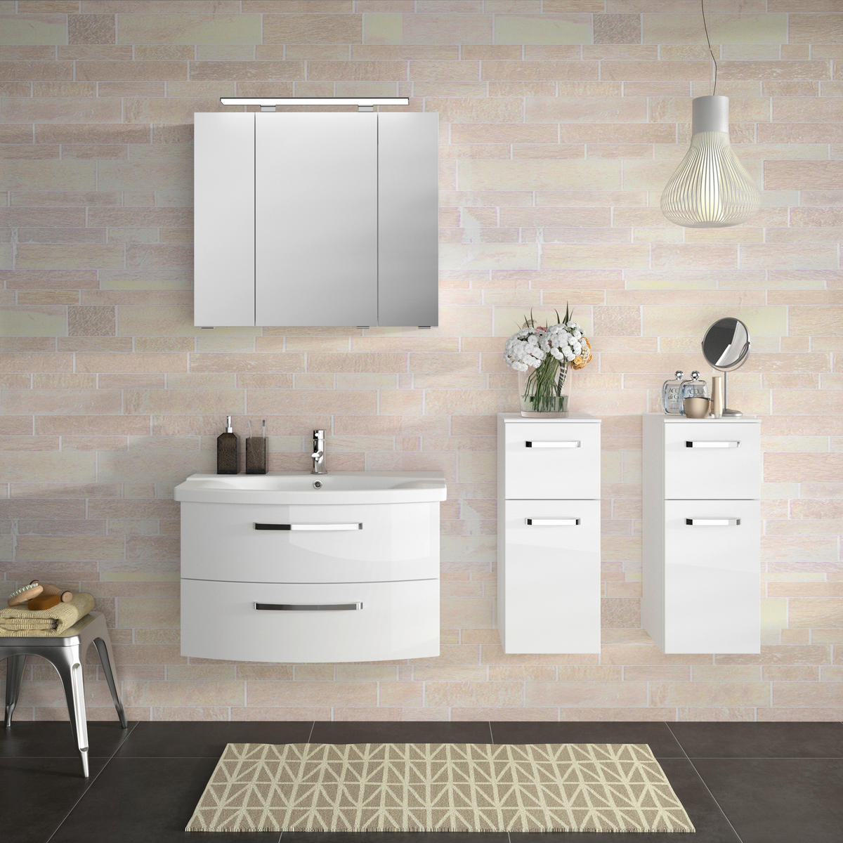 BADEZIMMER 3-teilig  in 84 cm  - Chromfarben/Weiß Hochglanz, MODERN, Glas/Keramik (84cm) - Sadena