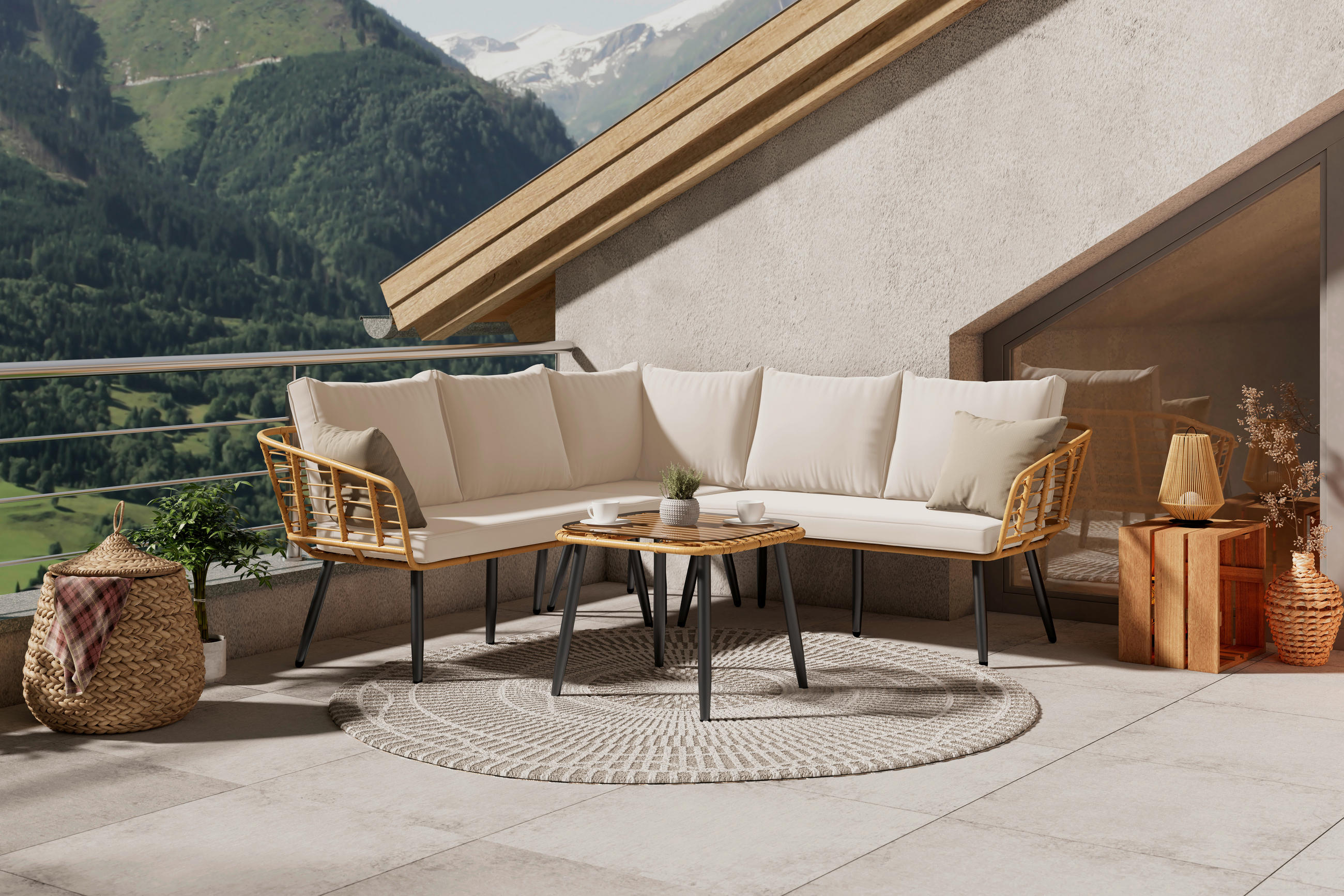 LOUNGEGARNITUR Eisen  - Beige/Naturfarben, MODERN, Glas/Kunststoff (187/67/187cm) - Ambia Garden
