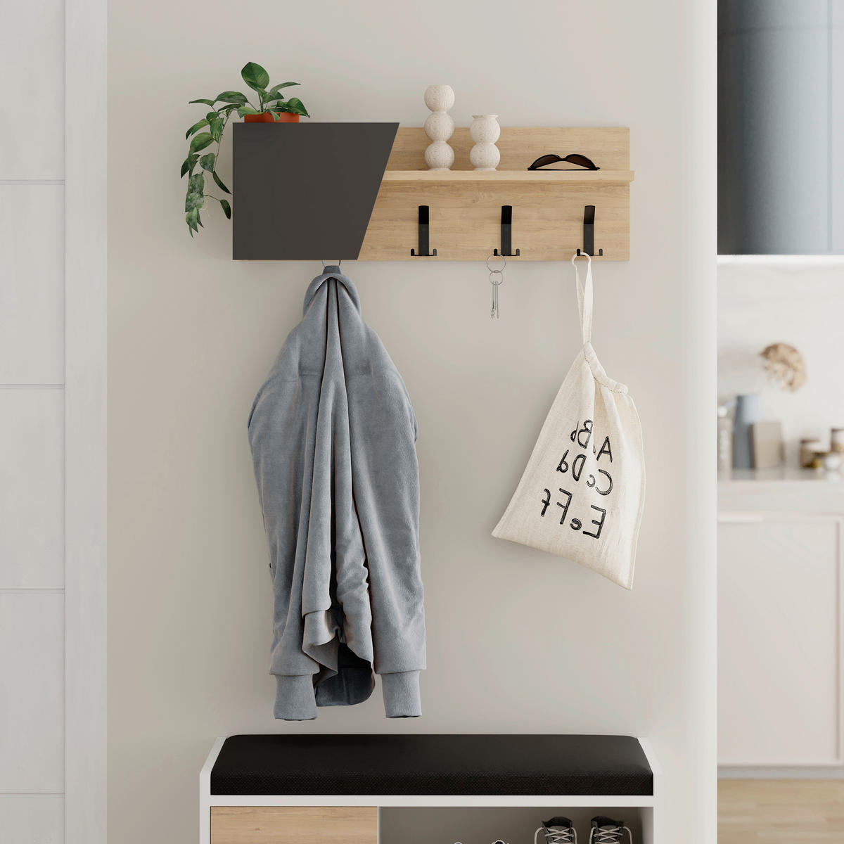 WANDGARDEROBE - Eichefarben/Anthrazit, Design, Holzwerkstoff/Metall (74/26/15.7cm) - Livetastic