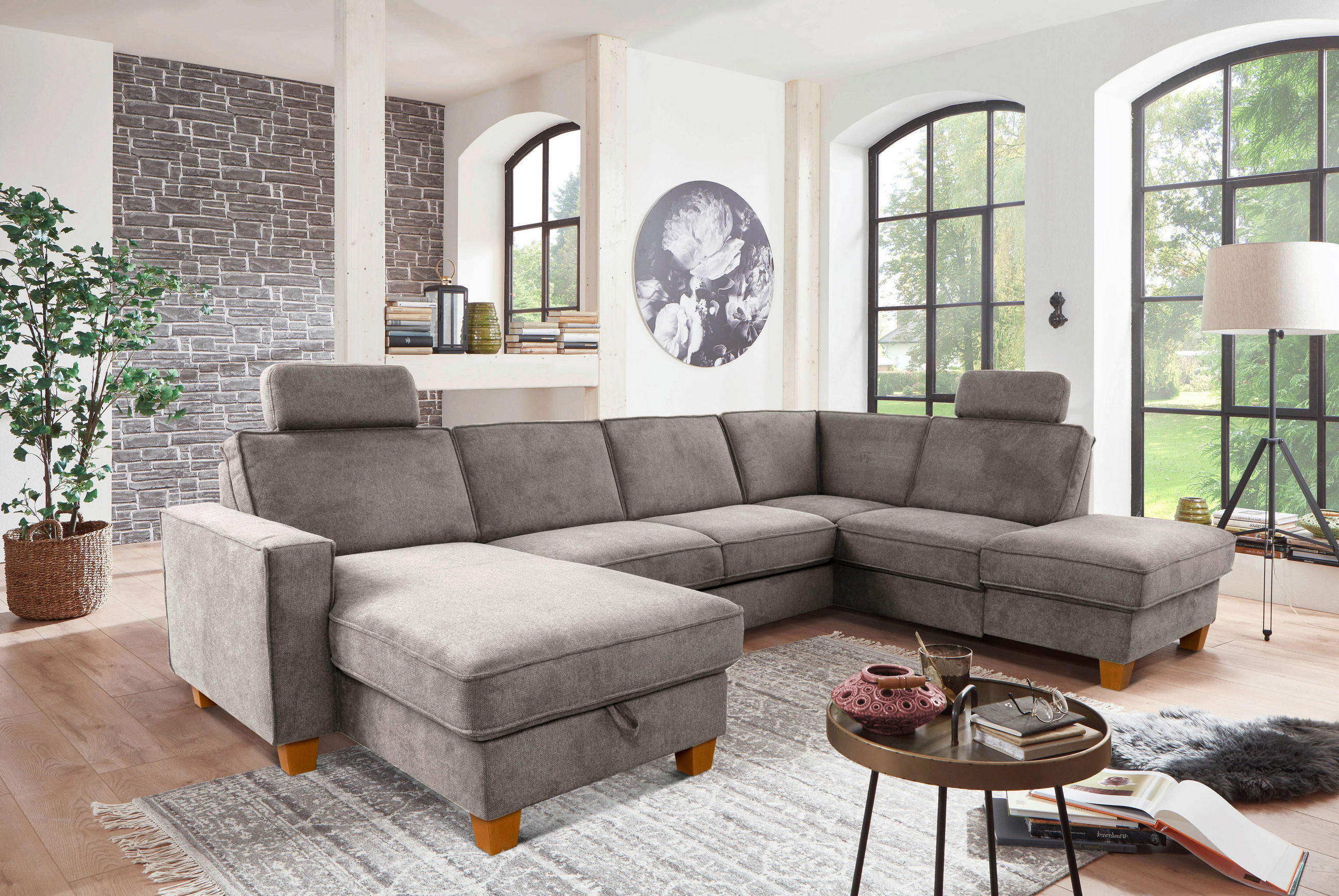 WOHNLANDSCHAFT Taupe Flachgewebe  - Taupe/Eichefarben, KONVENTIONELL, Holz/Textil (161/309/213cm) - Sit & More