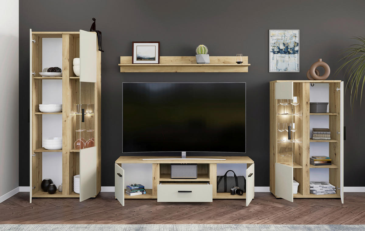 DNEVNI REGAL,  kašmir, hrast artisan  - črna/kašmir, Moderno, umetna masa/steklo (340/196/40cm) - Carryhome