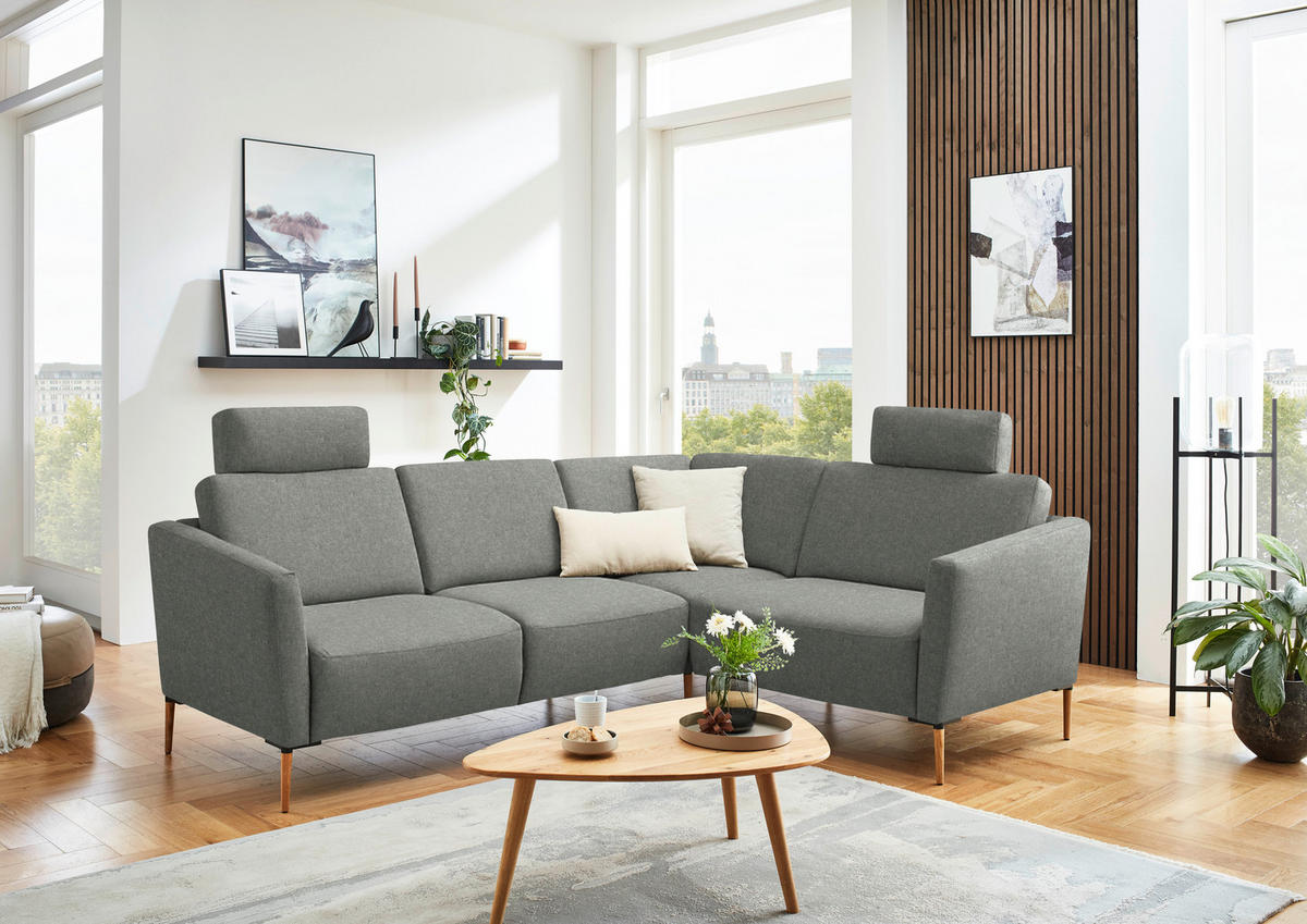 ECKSOFA Flachgewebe Graugrün  - Eichefarben/Graugrün, Design, Holz/Textil (238/186cm) - Valnatura
