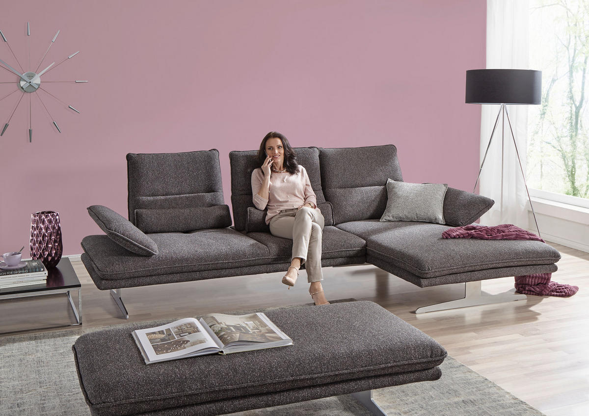 ECKSOFA Webstoff Anthrazit  - Chromfarben/Anthrazit, Design, Textil/Metall (291/164cm) - Chilliano