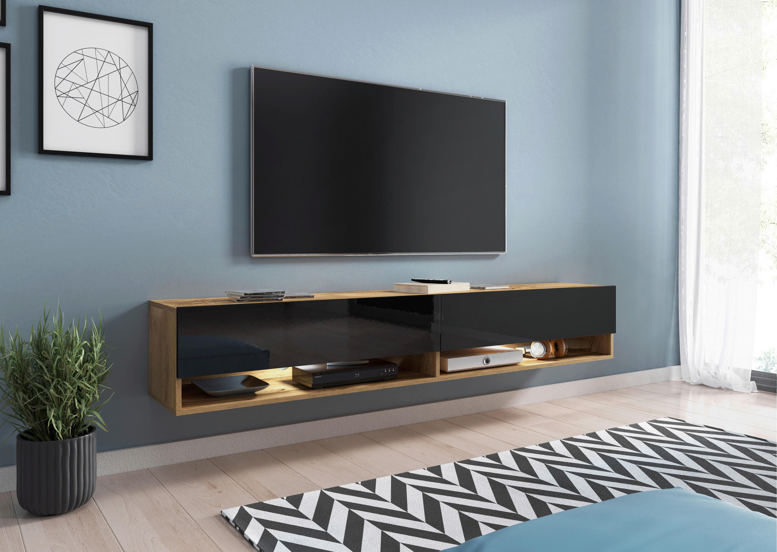 TV-BÄNK Vera II  i 180/30/32 cm  - svart högglans/ek Wotan, Lifestyle, trämaterial/plast (180/30/32cm) - P & B