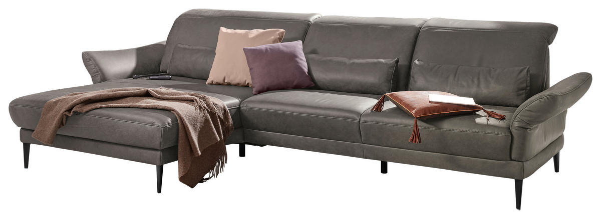 ECKSOFA MR 1350 Dunkelgrau Echtleder  - Dunkelgrau/Schwarz, Design, Leder/Metall (193/312cm) - Musterring