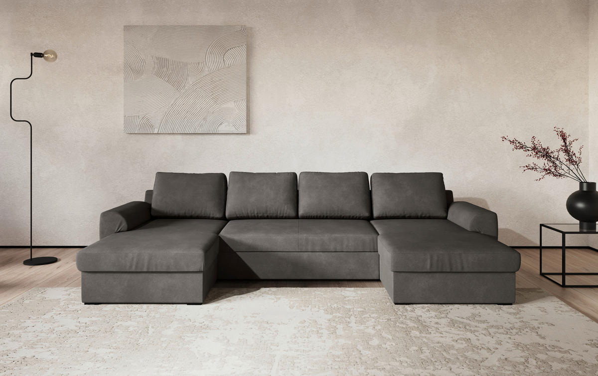 WOHNLANDSCHAFT Grau Mikrofaser  - Schwarz/Grau, Trend, Kunststoff/Textil (154/327/86cm) - MID.YOU