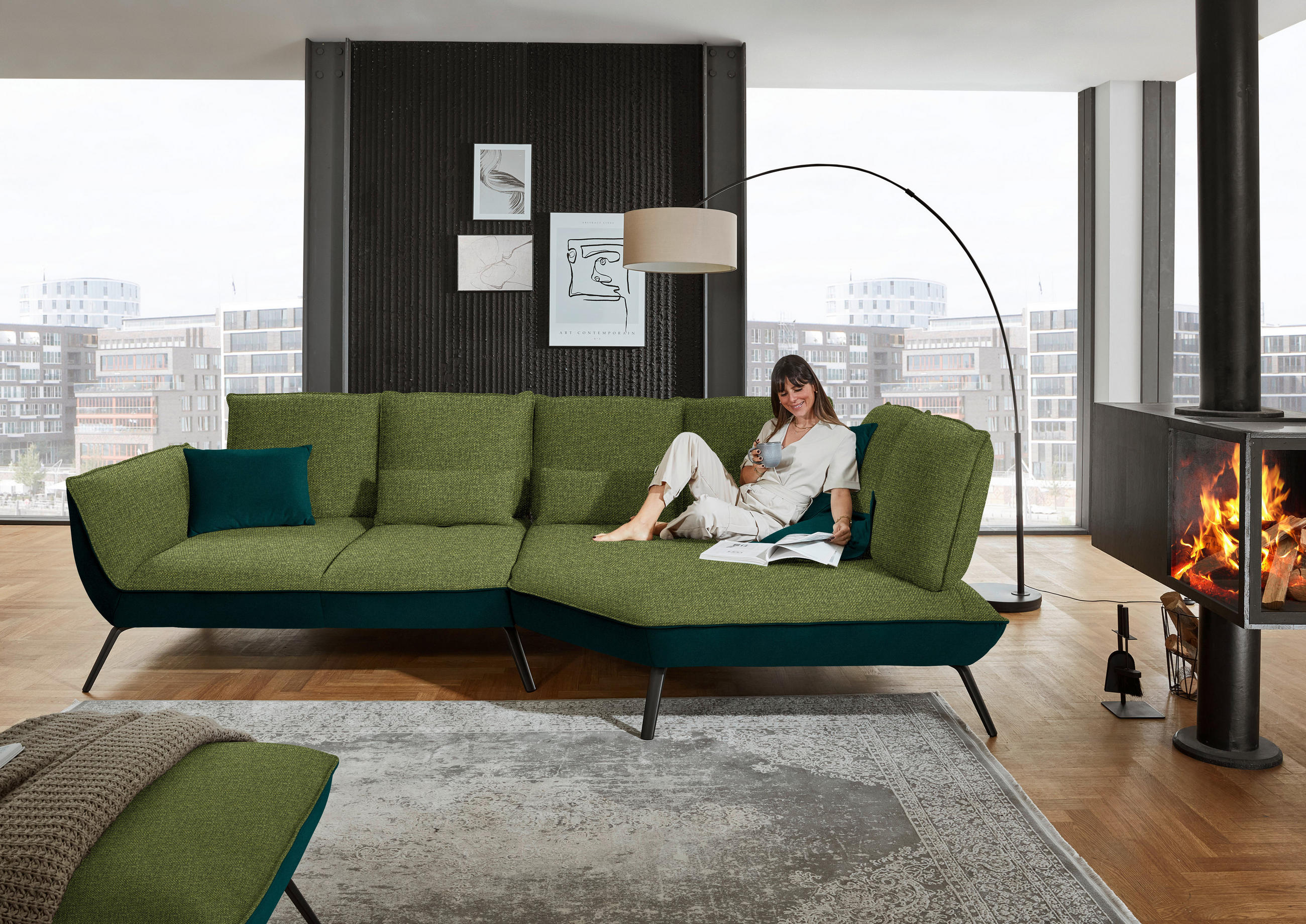 ECKSOFA in Flachgewebe Grün  - Schwarz/Grün, Design, Textil/Metall (320/169cm) - Moderano
