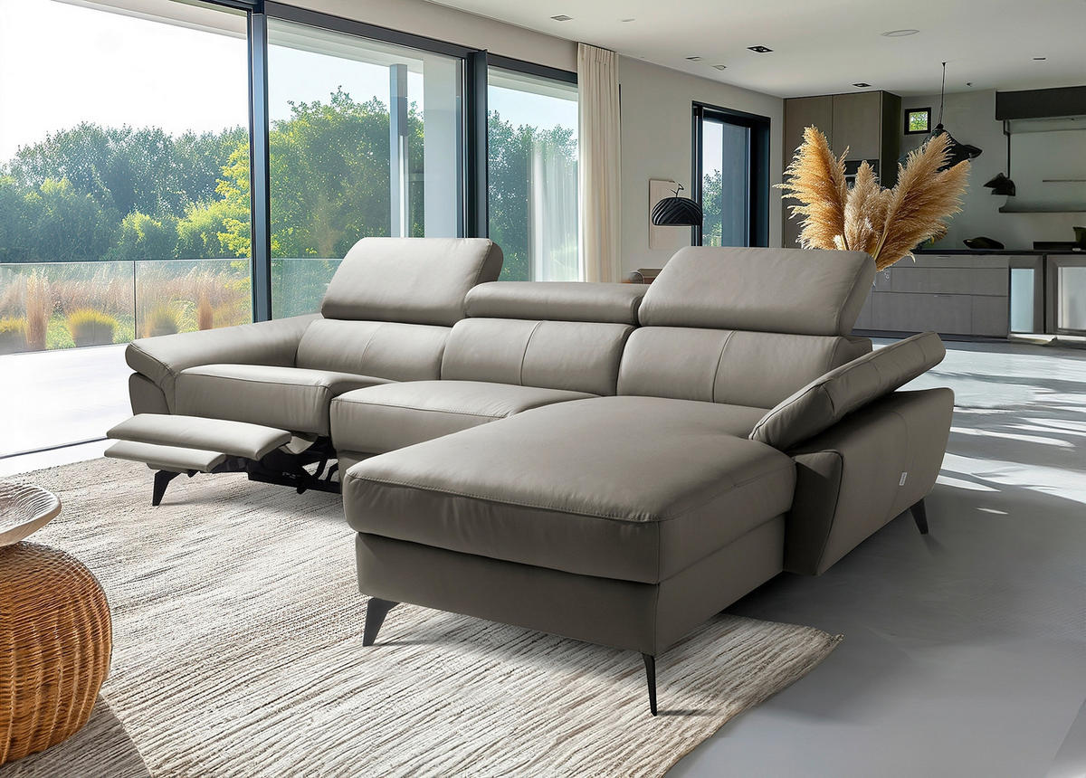 ECKSOFA SONO in Lederlook Echtleder Schlammfarben Armteilverstellung, Kopfteilverstellung  252/179 cm  - Schlammfarben/Schwarz, Design, Leder/Textil (252/179cm) - Livetastic