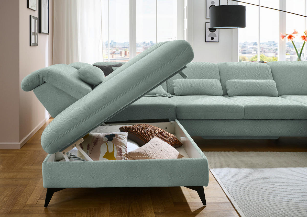 WOHNLANDSCHAFT  in Chenille Mintgrün  - Schwarz/Mintgrün, Design, Textil/Metall (255/364/198cm) - Beldomo Style