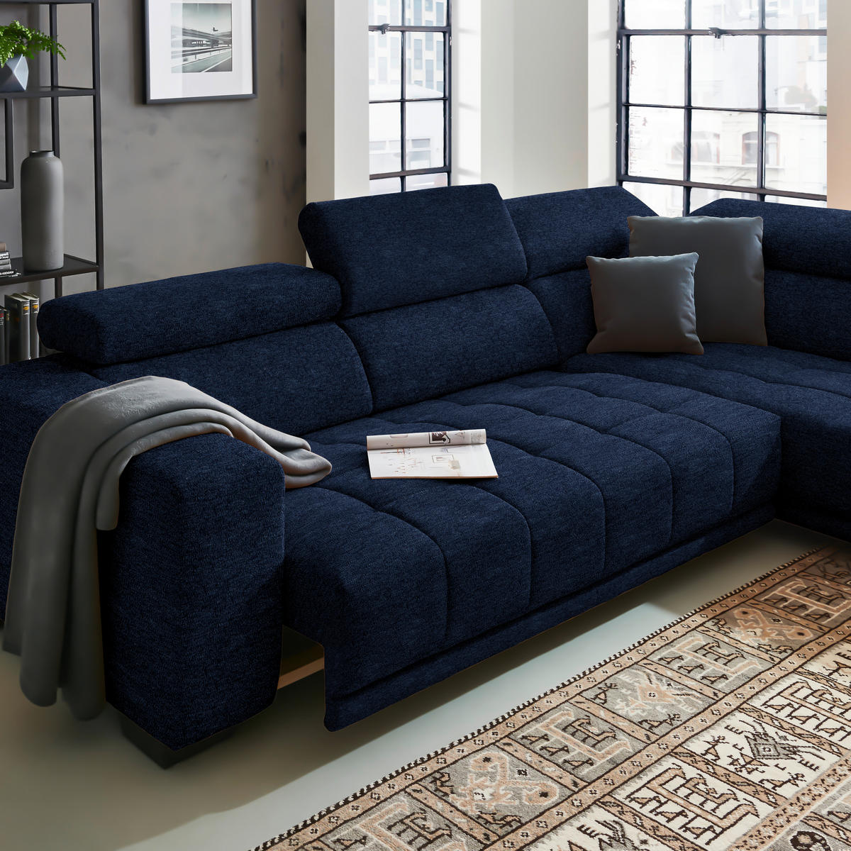 ECKSOFA in Mikrofaser Dunkelblau  - Schwarz/Dunkelblau, Design, Textil/Metall (301/207cm) - Xora