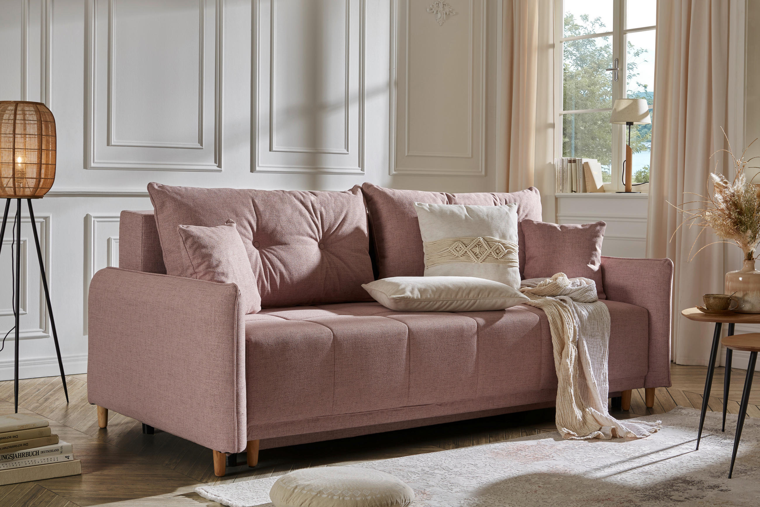SCHLAFSOFA Webstoff Rosa  - Eichefarben/Rosa, Design, Holz/Textil (227/98/113cm) - Carryhome