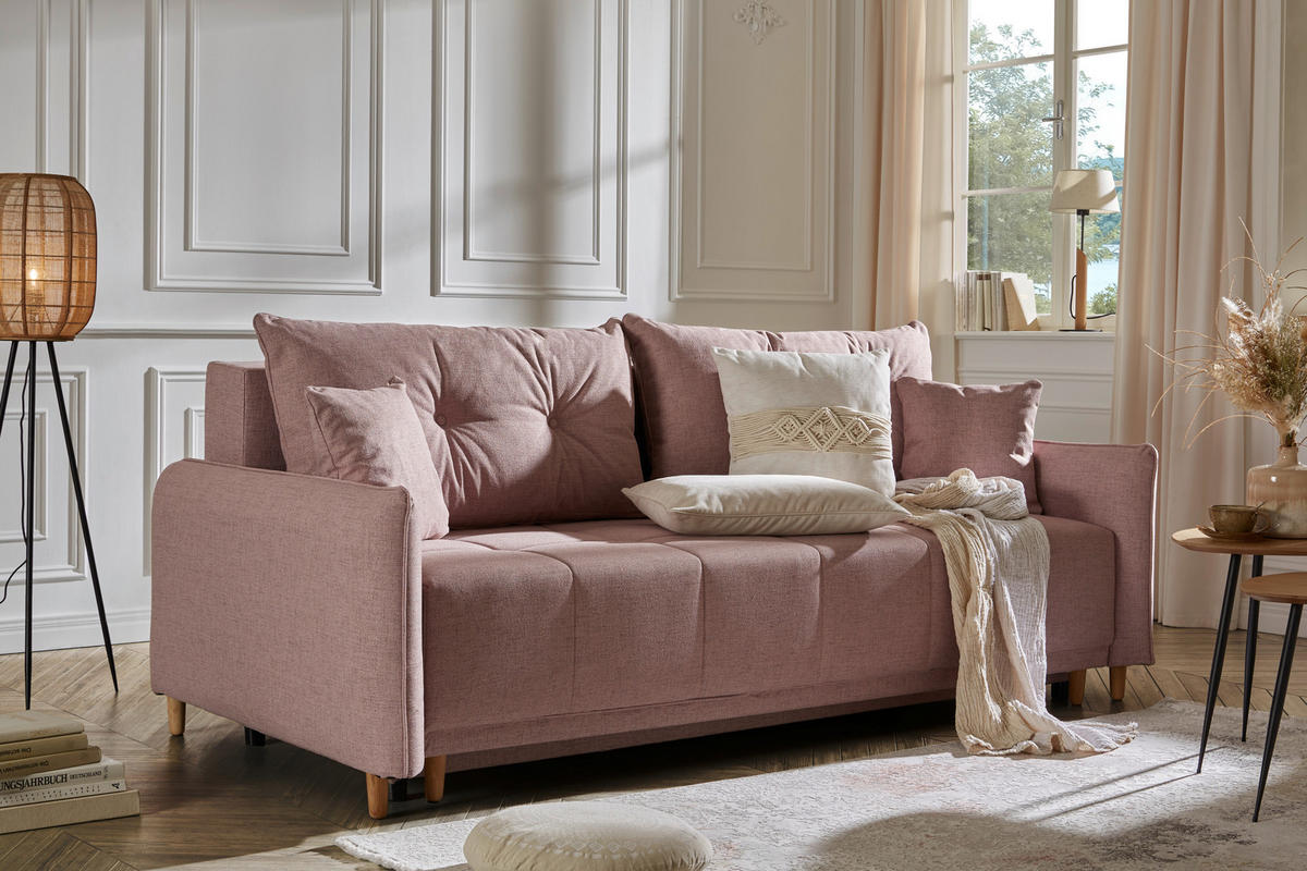 SCHLAFSOFA Webstoff Rosa  - Eichefarben/Rosa, Design, Holz/Textil (227/98/113cm) - Carryhome