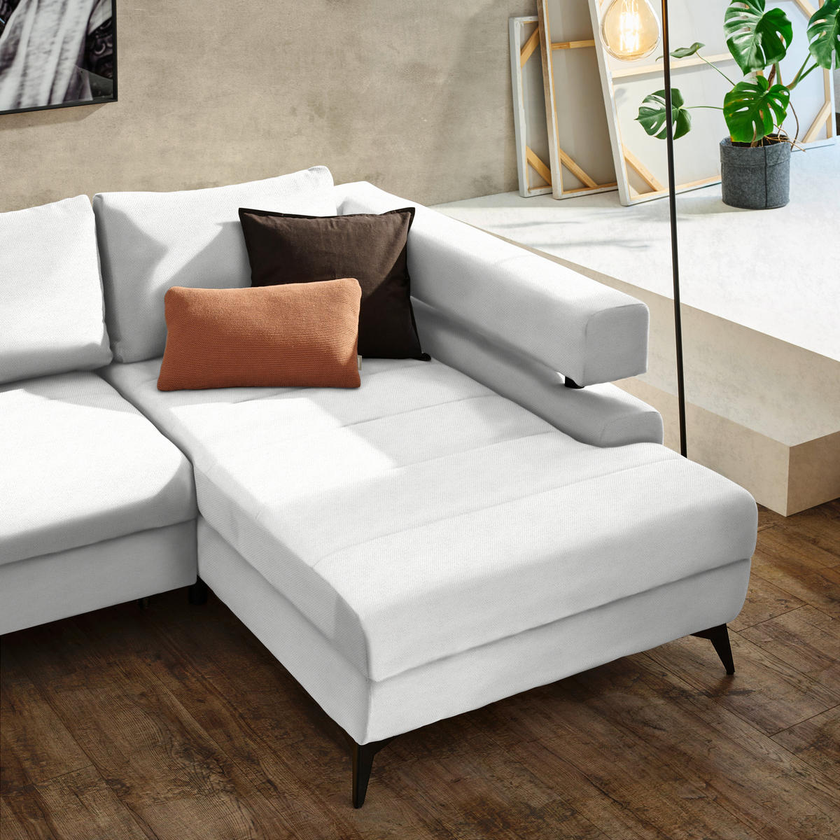 ECKSOFA in Chenille Weiss  - Weiss/Schwarz, Konventionell, Textil/Metall (265/184cm) - Hom`in
