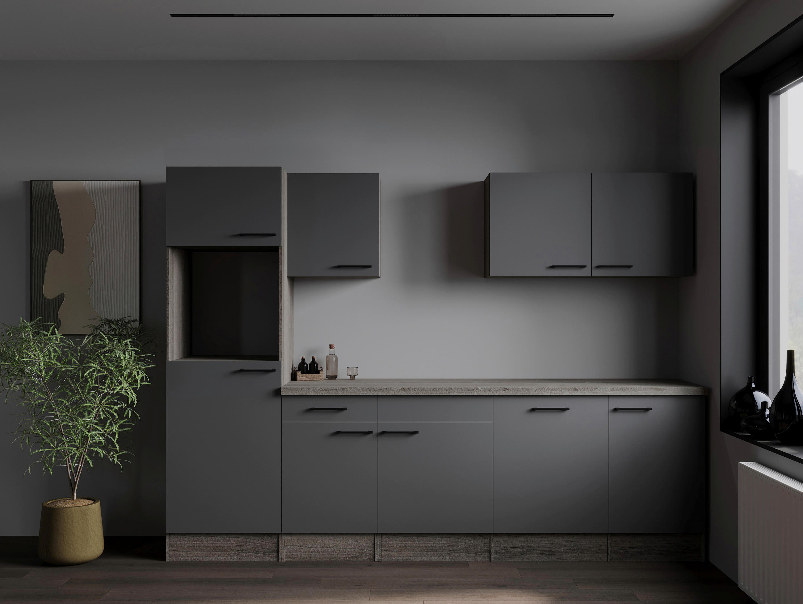 KÜCHENLEERBLOCK 280 cm   in Grau, Eichefarben  - Eichefarben/Schwarz, Design, Holzwerkstoff/Metall (280cm) - Respekta
