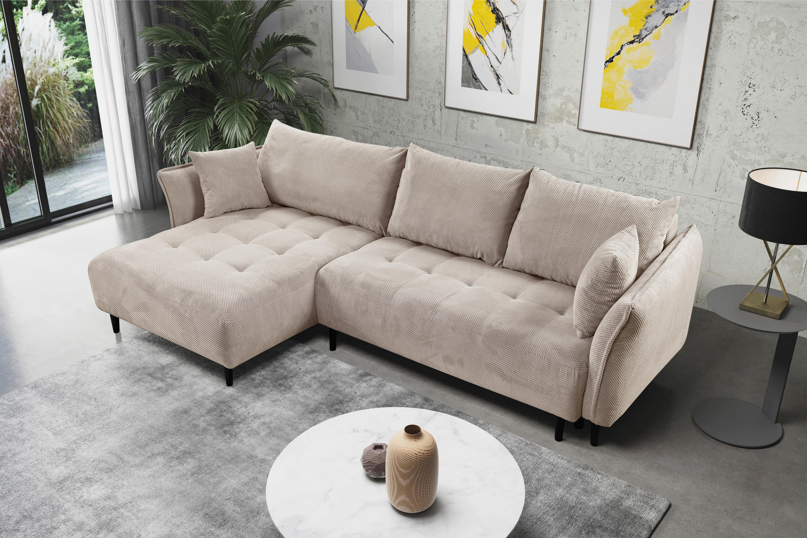 ECKSOFA in Chenille Creme  - Creme/Schwarz, KONVENTIONELL, Holz/Textil (160/290cm) - Carryhome