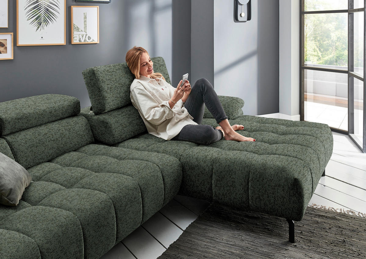 ECKSOFA in Chenille Grün  329/190 cm  - Schwarz/Grün, Design, Textil/Metall (329/190cm) - Beldomo Style
