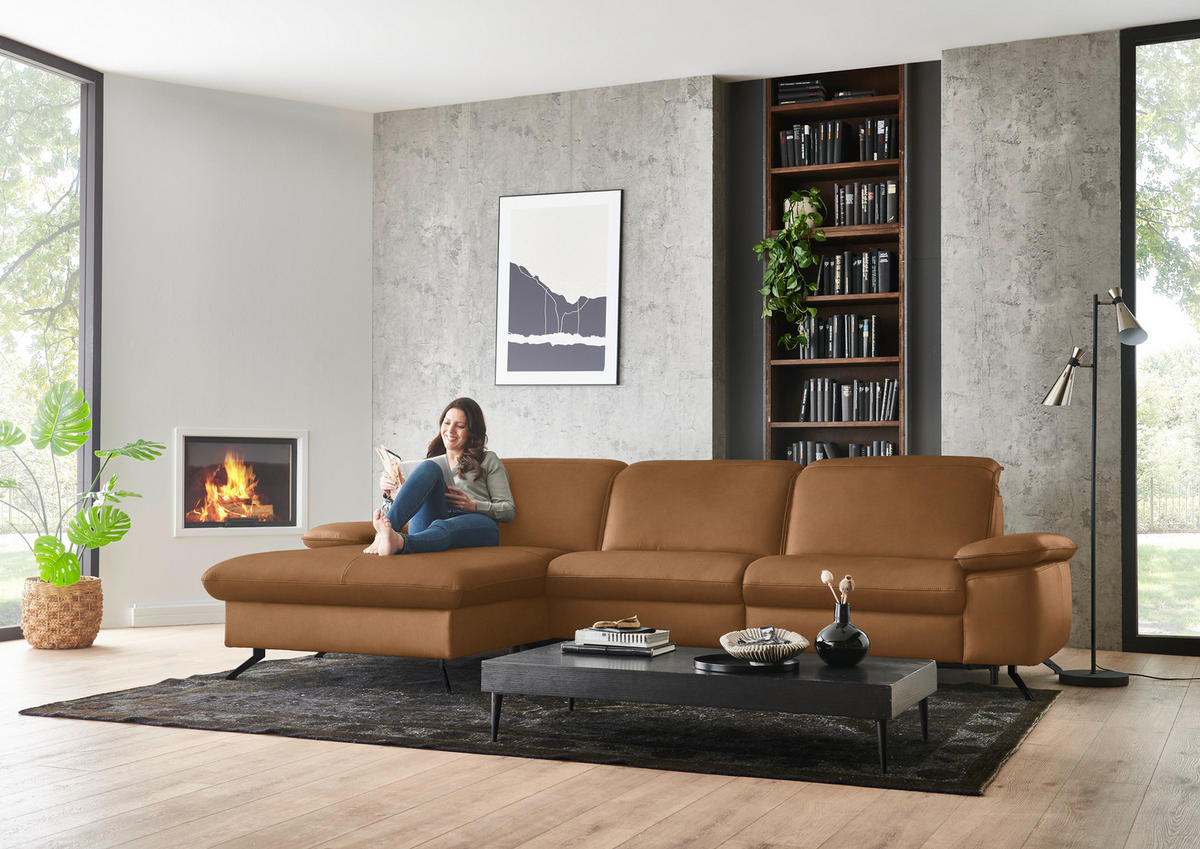 ECKSOFA  Echtleder Cognac  - Cognac/Schwarz, Design, Leder/Metall (169/307cm) - Beldomo Premium