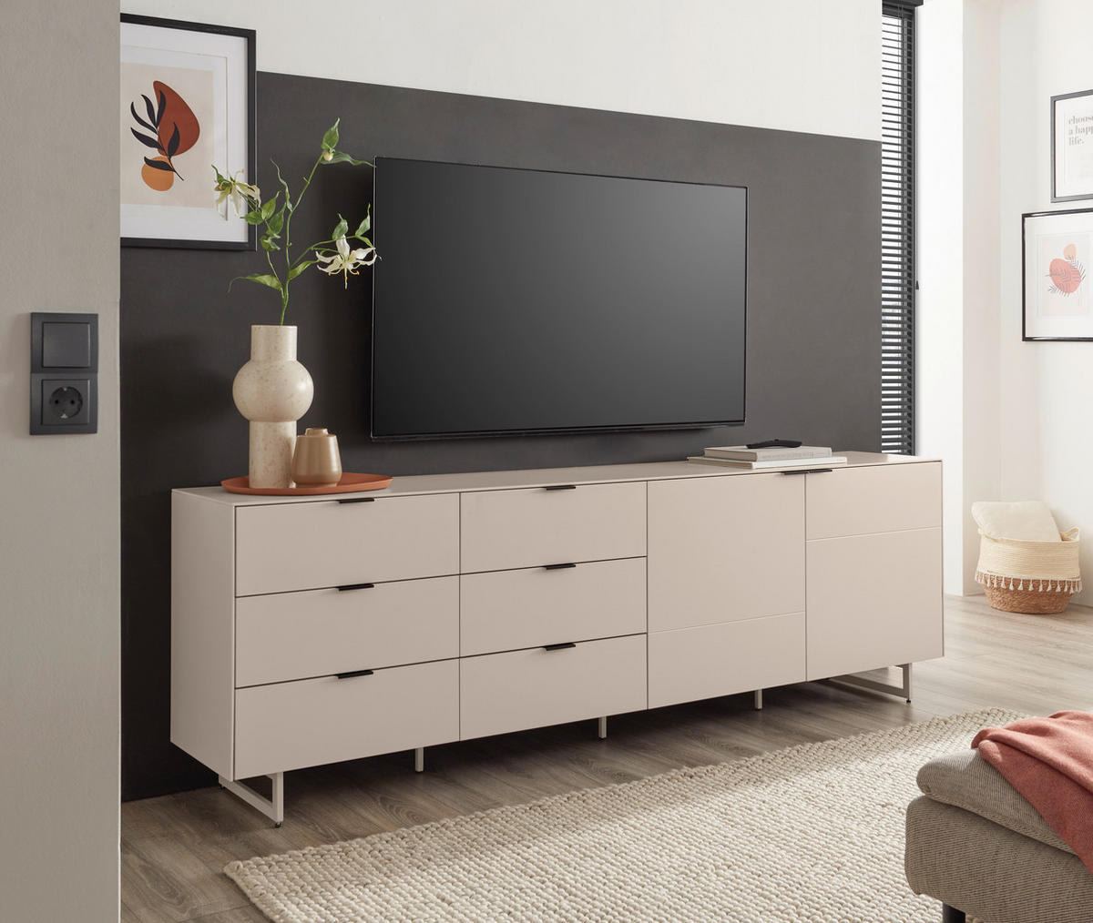TV-ELEMENT Schwarz, Kaschmir  220/70/38 cm  - Kaschmir/Schwarz, MODERN, Holzwerkstoff/Metall (220/70/38cm) - Carryhome