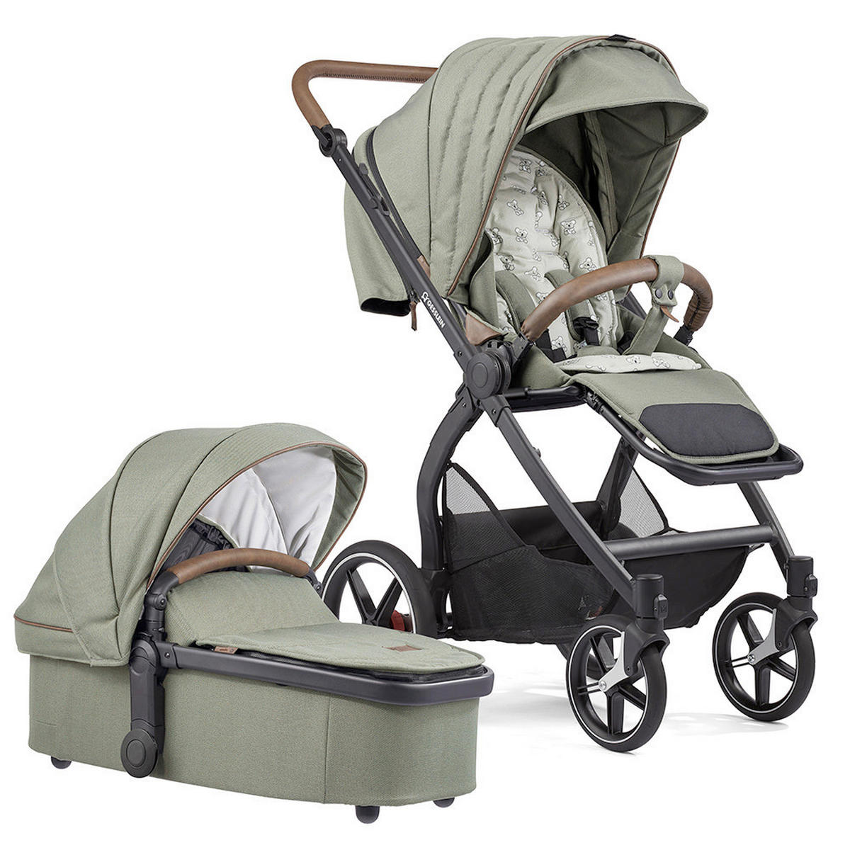 KOMBIKINDERWAGEN  FX4 Swing Set  Bärchen farngrün-tabak-grün  - Schwarz/Hellgrün, Basics, Textil (100/55/130cm) - Gesslein