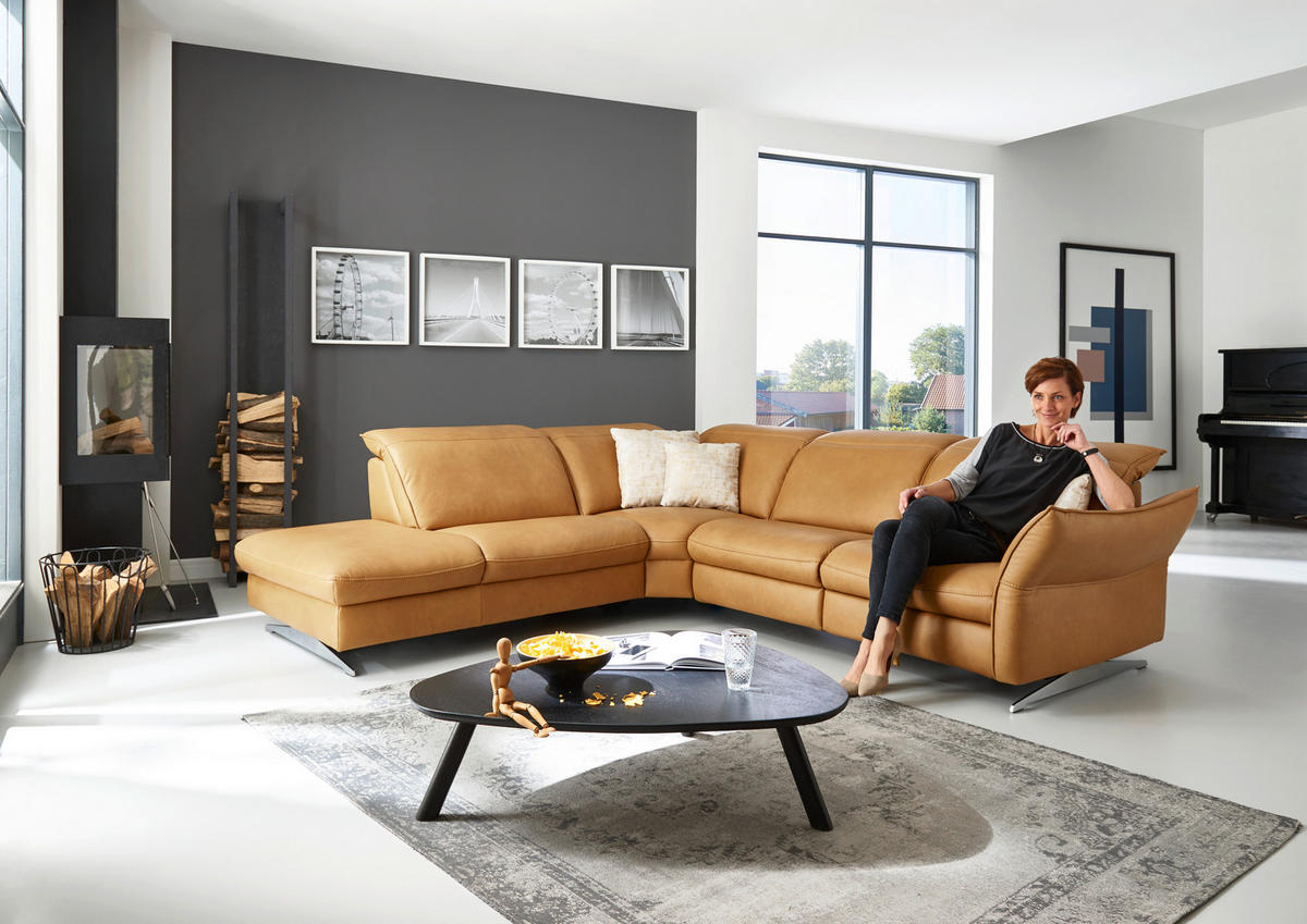ECKSOFA in Echtleder Orange  - Edelstahlfarben/Orange, Design, Leder/Metall (258/292cm) - Hukla