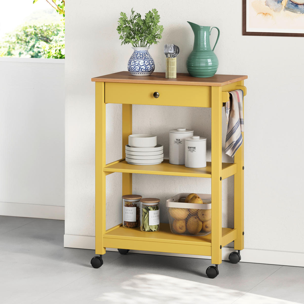 SERVIERWAGEN Pinie massiv Braun, Gelb  - Gelb/Zinkfarben, MODERN, Holz/Kunststoff (65/90,6/40cm) - Livetastic