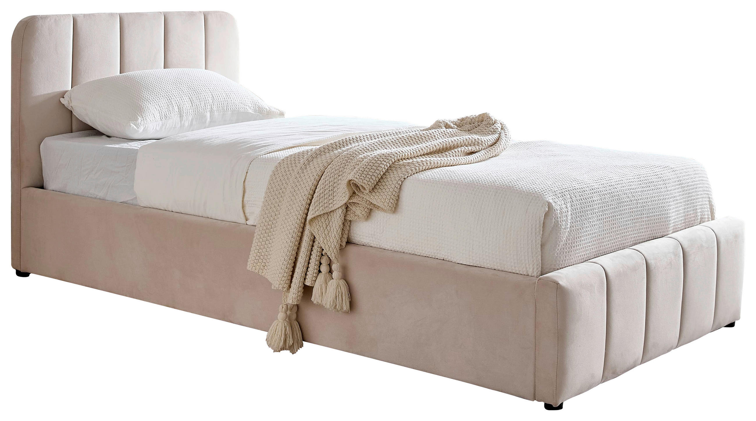 POLSTERBETT 90/200 cm,  in Beige, gepolstertes Kopfteil, Lattenrost, Bettkasten,  - Beige/Schwarz, Design, Holz/Kunststoff (90/200cm) - Boxxx