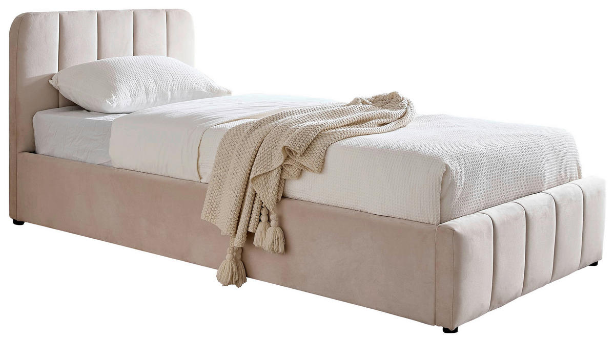 POLSTERBETT 90/200 cm,  in Beige, gepolstertes Kopfteil, Lattenrost, Bettkasten,  - Beige/Schwarz, Design, Holz/Kunststoff (90/200cm) - Boxxx