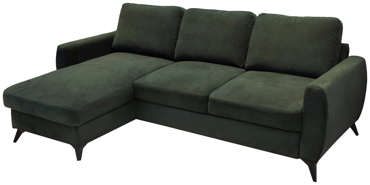 ECKSCHLAFSOFA JEFFREY Mikrovelours Dunkelgrün  inkl. Zierkissen, Rückenkissen, Stauraum  - Dunkelgrün/Schwarz, KONVENTIONELL, Textil/Metall (230/150cm) - Livetastic