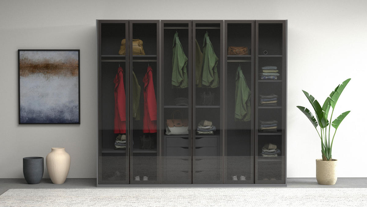 KLEIDERSCHRANK 251/220/60 cm,  in Anthrazit, 6-türig  - Anthrazit, KONVENTIONELL, Glas/Holzwerkstoff (251/220/60cm) - Chameo